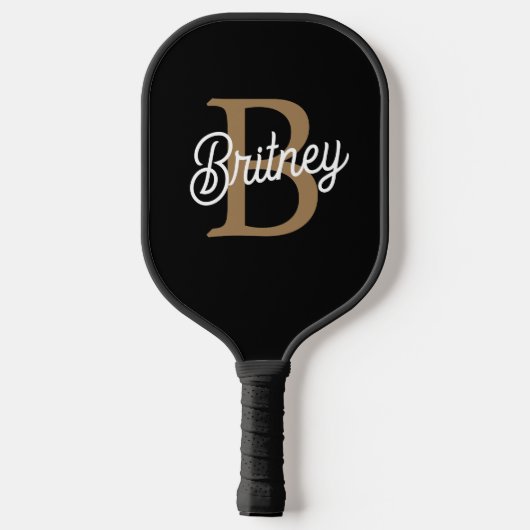 Modern Elegant Monogram Naam Zwart Goud Script Pickleball Paddle (Achterkant)