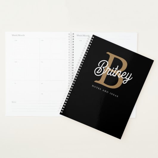 Modern Elegant Monogram Naam Zwart Goud Script Planner (Display)