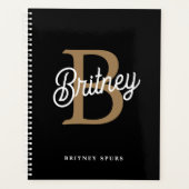 Modern Elegant Monogram Naam Zwart Goud Script Planner (Voorkant)