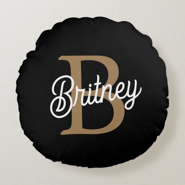 Modern Elegant Monogram Naam Zwart Goud Script Rond Kussen (Voorkant)