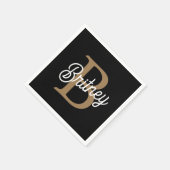 Modern Elegant Monogram Naam Zwart Goud Script Servet (Hoek)