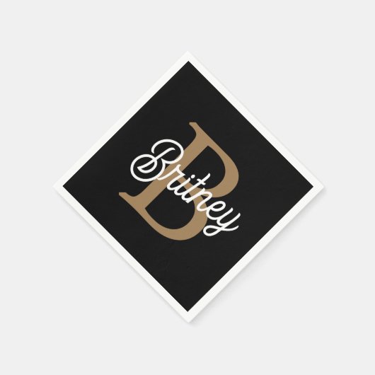 Modern Elegant Monogram Naam Zwart Goud Script Servet (Hoek)
