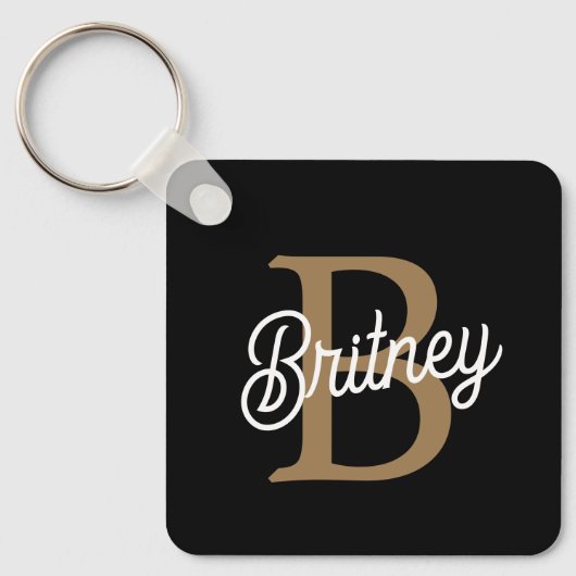 Modern Elegant Monogram Naam Zwart Goud Script Sleutelhanger (Voorkant)