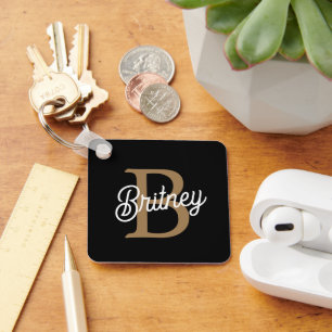 Modern Elegant Monogram Naam Zwart Goud Script Sleutelhanger