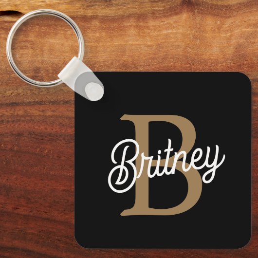 Modern Elegant Monogram Naam Zwart Goud Script Sleutelhanger (Voorkant)