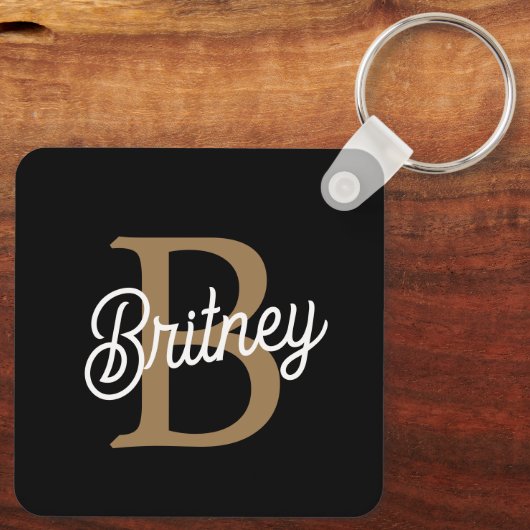 Modern Elegant Monogram Naam Zwart Goud Script Sleutelhanger (Achterkant)