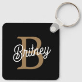 Modern Elegant Monogram Naam Zwart Goud Script Sleutelhanger (Achterkant)