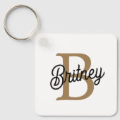 Modern Elegant Monogram Naam Zwart Goud Script Sleutelhanger (Voorkant)
