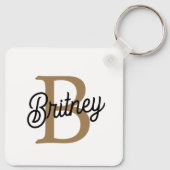 Modern Elegant Monogram Naam Zwart Goud Script Sleutelhanger (Achterkant)