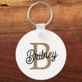 Modern Elegant Monogram Naam Zwart Goud Script Sleutelhanger (Achterkant)