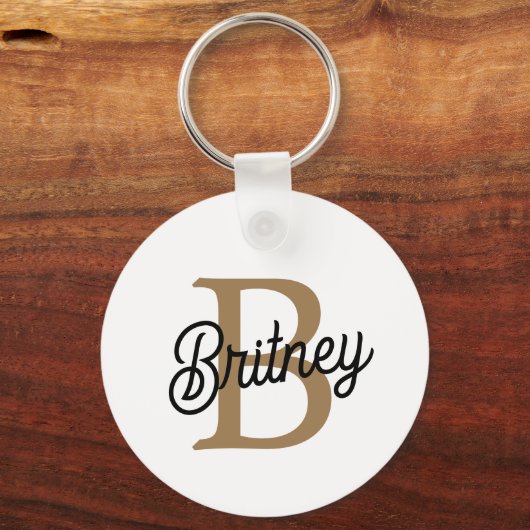 Modern Elegant Monogram Naam Zwart Goud Script Sleutelhanger (Achterkant)