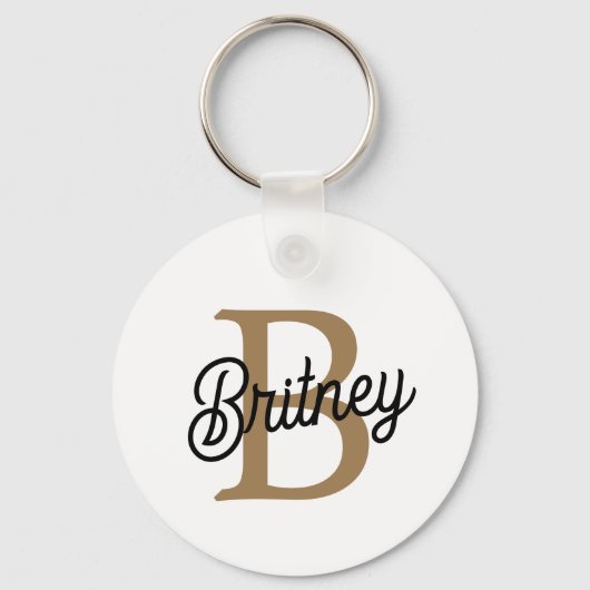 Modern Elegant Monogram Naam Zwart Goud Script Sleutelhanger (Achterkant)