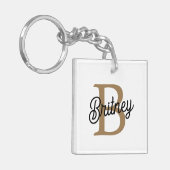 Modern Elegant Monogram Naam Zwart Goud Script Sleutelhanger (Voorkant Links)