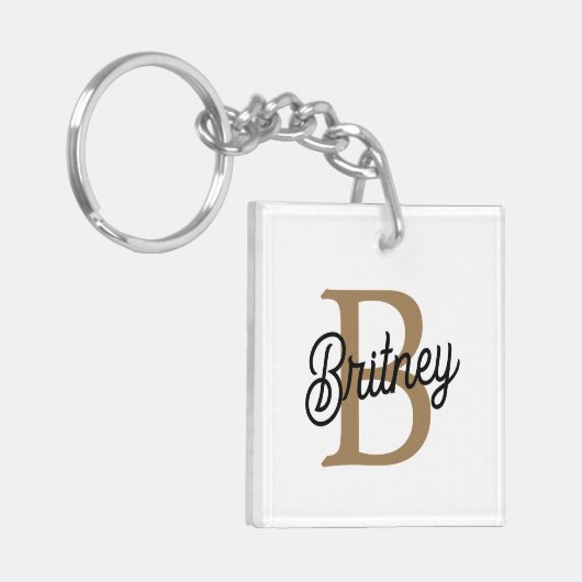 Modern Elegant Monogram Naam Zwart Goud Script Sleutelhanger (Voorkant Links)