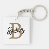 Modern Elegant Monogram Naam Zwart Goud Script Sleutelhanger (Achterkant)