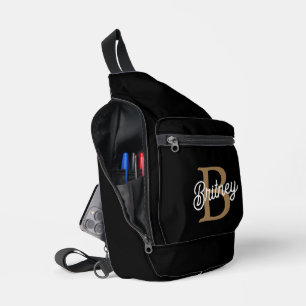 Modern Elegant Monogram Naam Zwart Goud Script Sling Bag