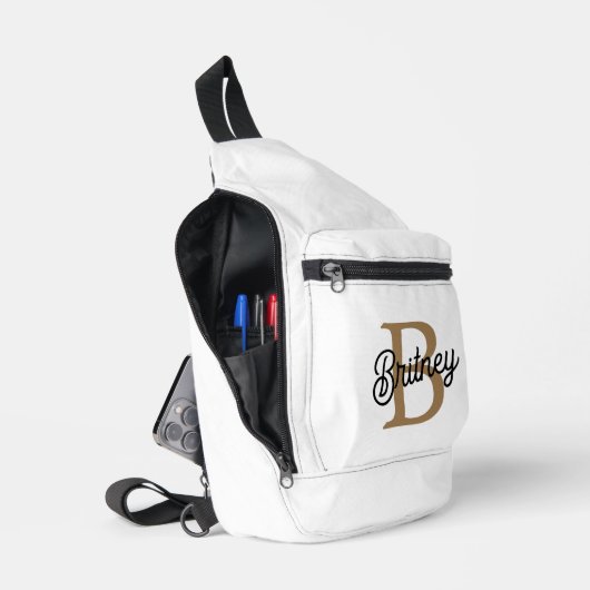 Modern Elegant Monogram Naam Zwart Goud Script Sling Bag (Open)