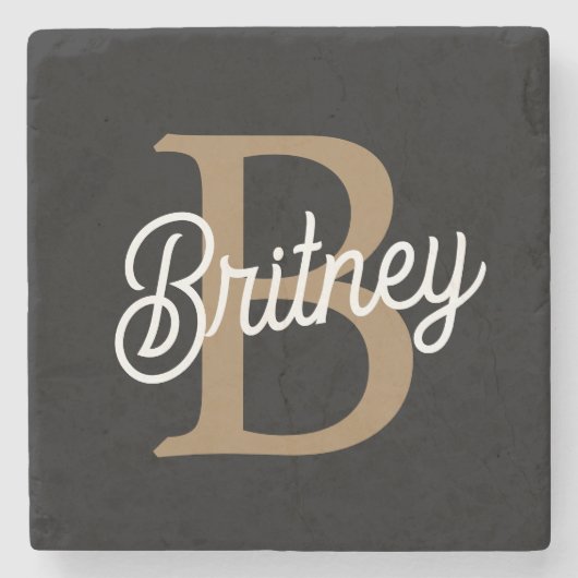 Modern Elegant Monogram Naam Zwart Goud Script Stenen Onderzetter (Voorkant)