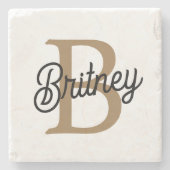 Modern Elegant Monogram Naam Zwart Goud Script Stenen Onderzetter (Voorkant)