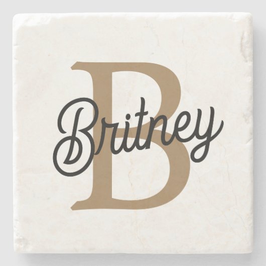 Modern Elegant Monogram Naam Zwart Goud Script Stenen Onderzetter (Voorkant)