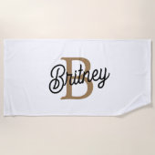 Modern Elegant Monogram Naam Zwart Goud Script Strandlaken (Voorkant)