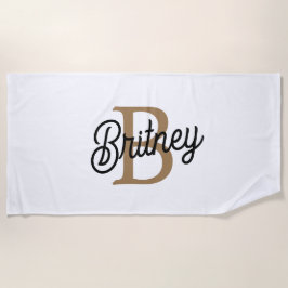 Modern Elegant Monogram Naam Zwart Goud Script Strandlaken