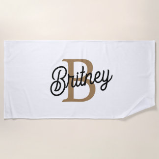 Modern Elegant Monogram Naam Zwart Goud Script Strandlaken