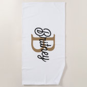 Modern Elegant Monogram Naam Zwart Goud Script Strandlaken (Voorkant)