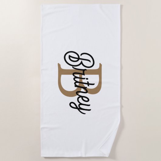 Modern Elegant Monogram Naam Zwart Goud Script Strandlaken (Voorkant)