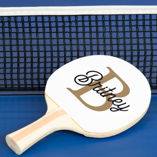 Modern Elegant Monogram Naam Zwart Goud Script Tafeltennisbatje (Insitu)