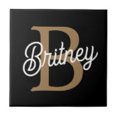 Modern Elegant Monogram Naam Zwart Goud Script Tegeltje (Voorkant)