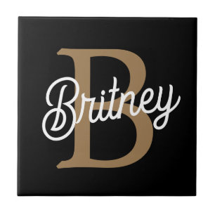 Modern Elegant Monogram Naam Zwart Goud Script Tegeltje