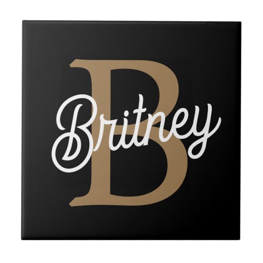 Modern Elegant Monogram Naam Zwart Goud Script Tegeltje (Voorkant)