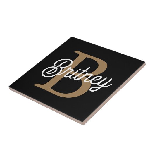 Modern Elegant Monogram Naam Zwart Goud Script Tegeltje (Zijkant)