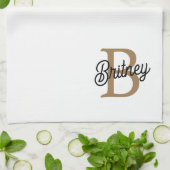 Modern Elegant Monogram Naam Zwart Goud Script Theedoek (Gevouwen)