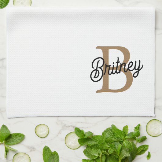Modern Elegant Monogram Naam Zwart Goud Script Theedoek (Gevouwen)
