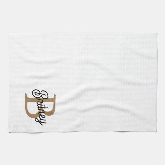 Modern Elegant Monogram Naam Zwart Goud Script Theedoek (Horizontaal)