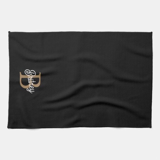 Modern Elegant Monogram Naam Zwart Goud Script Theedoek (Horizontaal)