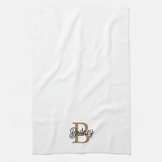 Modern Elegant Monogram Naam Zwart Goud Script Theedoek (Verticaal)