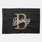 Modern Elegant Monogram Naam Zwart Goud Script Theedoek (Horizontaal)