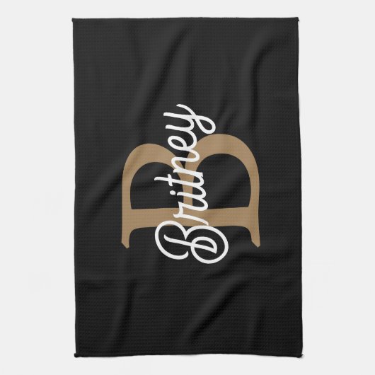 Modern Elegant Monogram Naam Zwart Goud Script Theedoek (Verticaal)