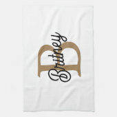 Modern Elegant Monogram Naam Zwart Goud Script Theedoek (Verticaal)