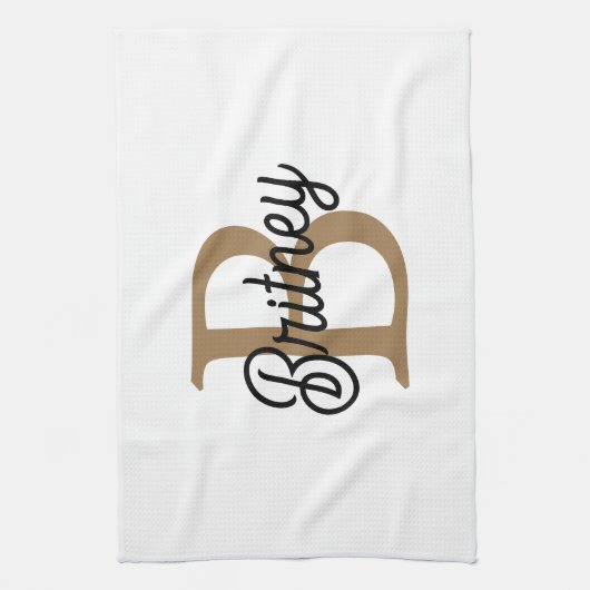 Modern Elegant Monogram Naam Zwart Goud Script Theedoek (Verticaal)