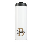 Modern Elegant Monogram Naam Zwart Goud Script Thermosbeker (Voorkant)