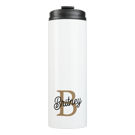 Modern Elegant Monogram Naam Zwart Goud Script Thermosbeker (Voorkant)