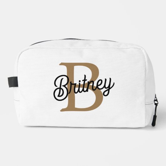 Modern Elegant Monogram Naam Zwart Goud Script Toilettasje (Voorkant)