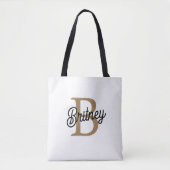 Modern Elegant Monogram Naam Zwart Goud Script Tote Bag (Voorkant)