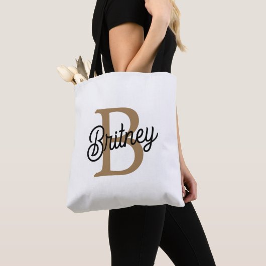Modern Elegant Monogram Naam Zwart Goud Script Tote Bag (Dichtbij)