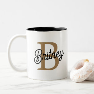 Modern Elegant Monogram Naam Zwart Goud Script Tweekleurige Koffiemok