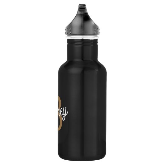 Modern Elegant Monogram Naam Zwart Goud Script Waterfles (Rechts)